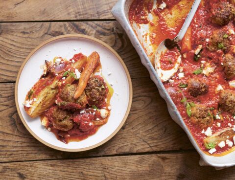 Try Jamie Oliver’s recipe for Meatball Traybake from Eat Yourself Healthy