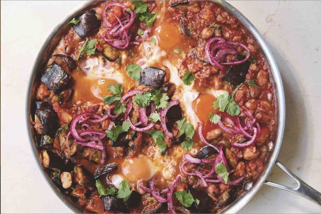 Aubergine & fava beans with eggs from Boustany by Sami tamimi